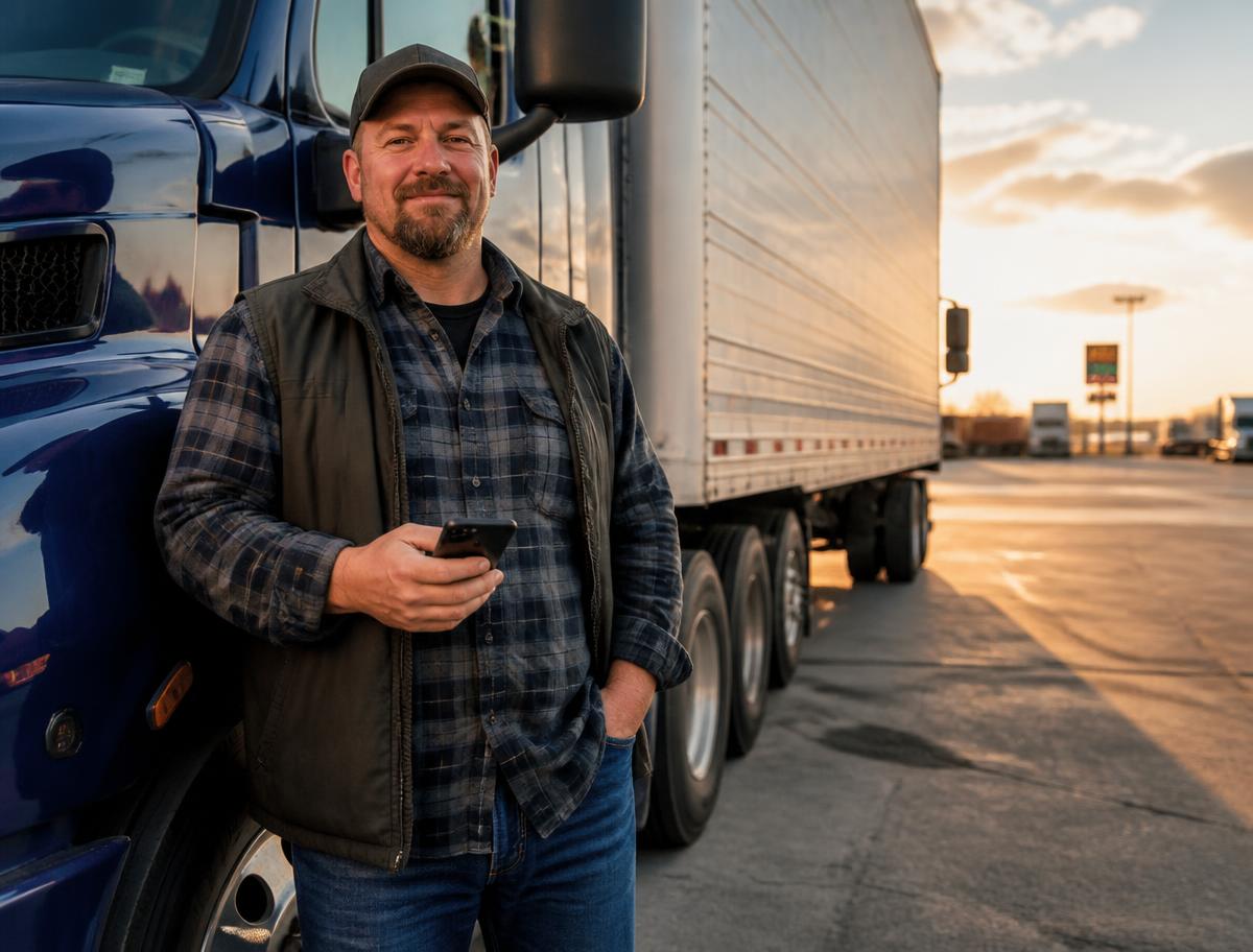 Owner-operator standing beside his dry van truck